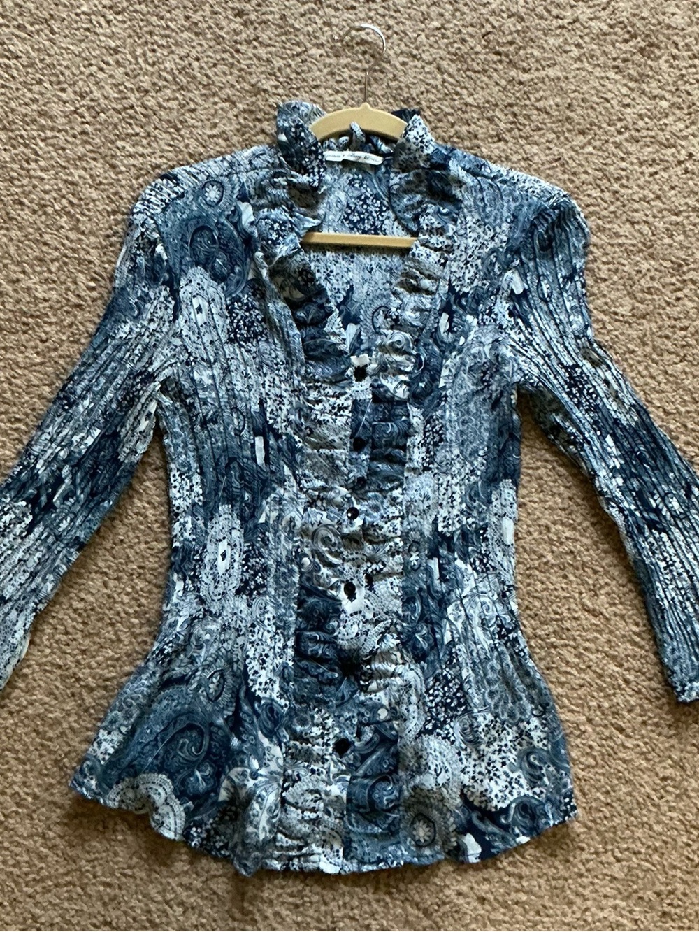 Signature by Larry Levine Women’s Blue Paisley Ruffled Button-Front Boho Top XL
